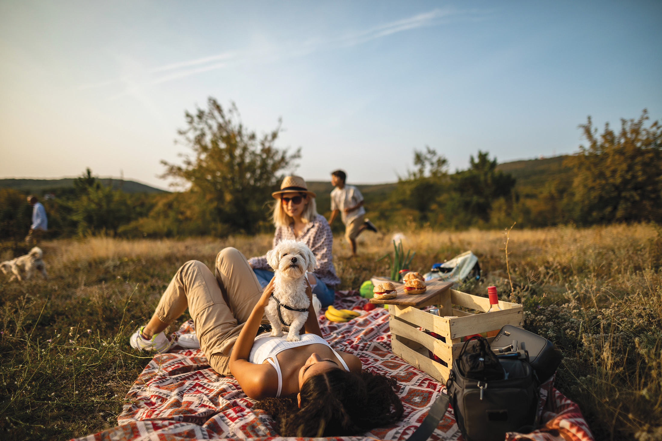 Girl cuddle her dog at picnic